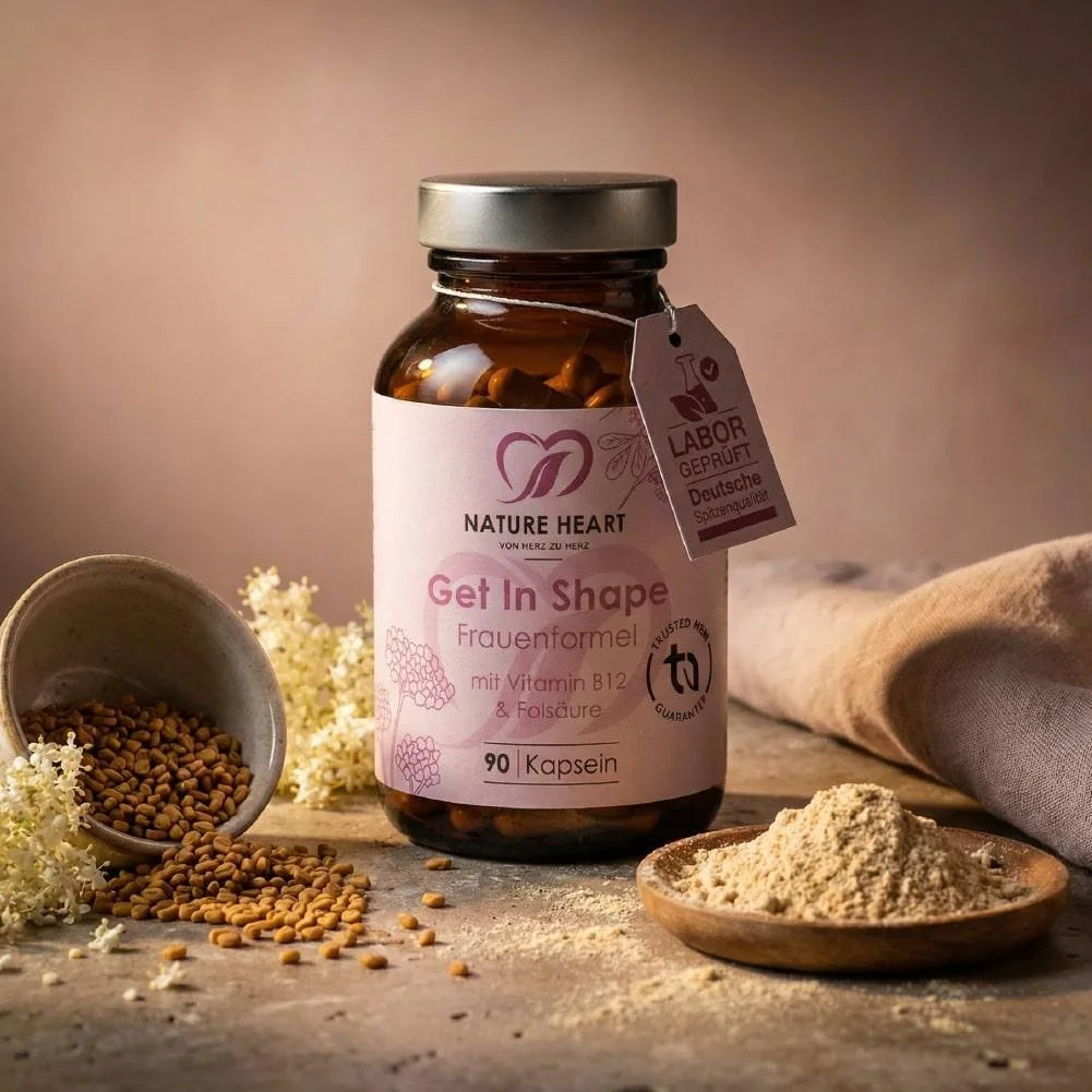 Nature Heart Get In Shape Frauenformel mit Vitamin B12 & Folsäure, 90 Kapseln im Braunglas neben Bockshornkleesamen