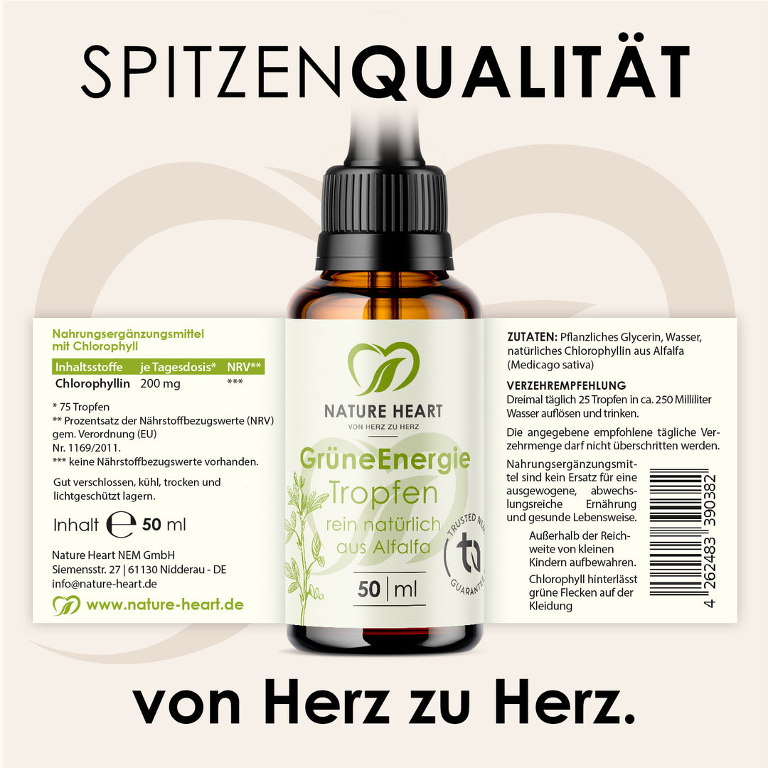 Nature Heart Grüne Energie Chlorophyll Tropfen 50 ml mit ausgeklapptem Etikett mit Inhaltsstoffen und Verzehrempfehlung, Headline Spitzenqualität