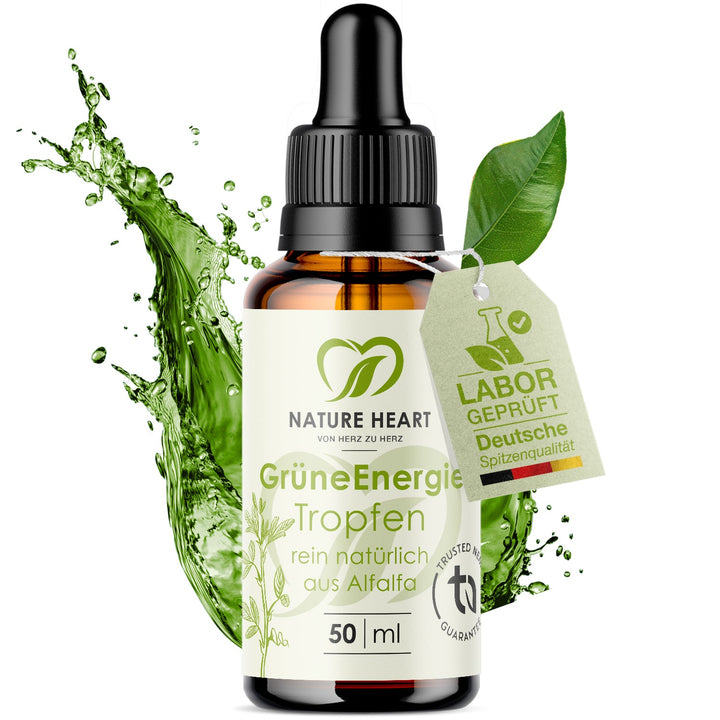 Nature Heart Grüne Energie Chlorophyll Tropfen 50 ml aus Alfalfa mit Anhänger Labor geprüft, grünem Spritzer und Blatt