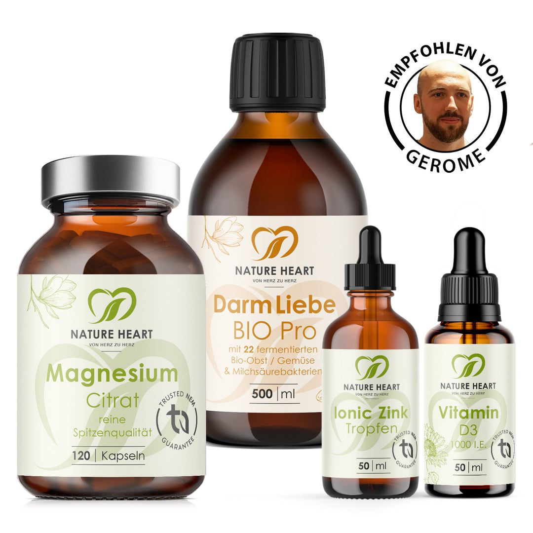 Nature Heart Human Hormon Essentials Bundle mit Magnesium Citrat, DarmLiebe BIO Pro, Ionic Zink Tropfen und Vitamin D3, empfohlen von Gerome