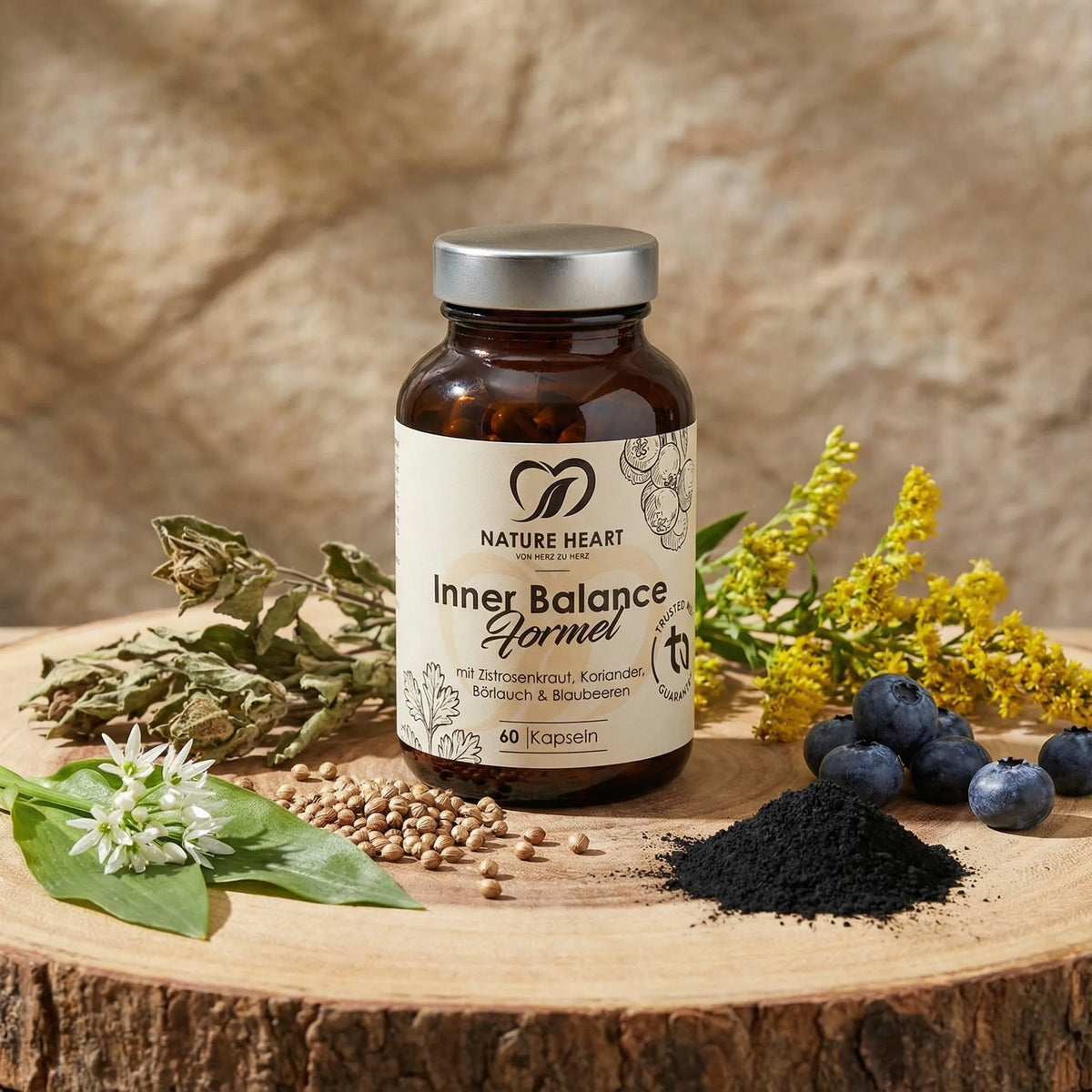 Nature Heart Inner Balance Formel, 60 Kapseln, zwischen Zistrose, Bärlauch, Koriander, Goldrute, Blaubeeren, Aktivkohle
