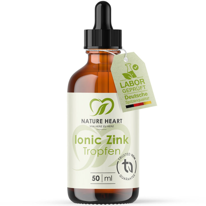 Nature Heart Ionic Zink Tropfen 50 ml in brauner Pipettenflasche mit Anhänger Labor geprüft, deutsche Spitzenqualität
