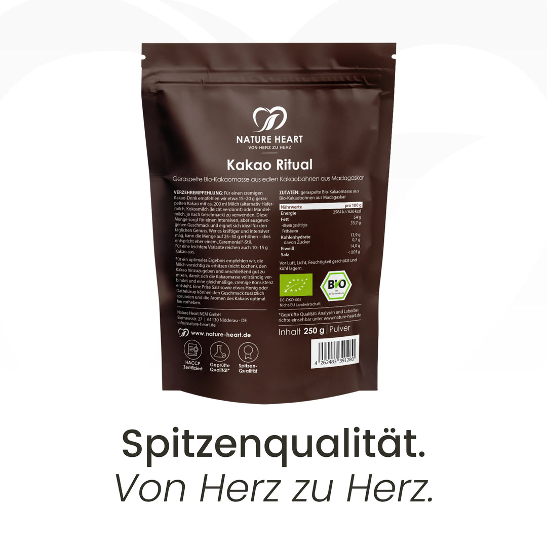 Nature Heart Kakao Ritual, 250 g Beutel von hinten mit Verzehrempfehlung, Zutaten, Nährwerttabelle und Bio-Siegel