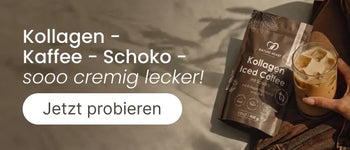 Menü-Banner für Nature Heart Kollagen Iced Coffee Schoko mit Produktpackung, Glas Eiskaffee und dem Button "Jetzt probieren".