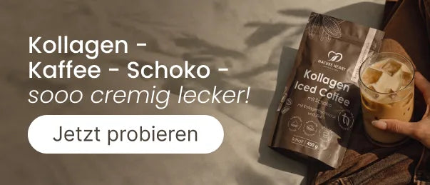 Menü-Banner für Nature Heart Kollagen Iced Coffee Schoko mit Produktpackung, Glas Eiskaffee und dem Button "Jetzt probieren".