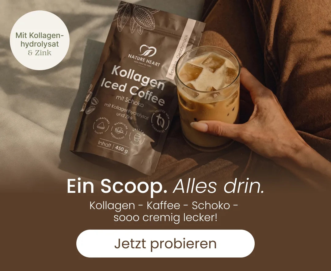 Mobile-Werbebanner für Nature Heart Kollagen Iced Coffee Schoko mit Zusatz-Hinweis "Mit Kollagen-hydrolysat & Zink", Verpackung und Glas Eiskaffee.