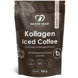 450-Gramm-Standbeutel Kollagen Iced Coffee der Marke Nature Heart mit Schoko-Kaffee-Geschmack, angereichert mit Kollagenhydrolysat und Zink mit transparentem Hintergrund.