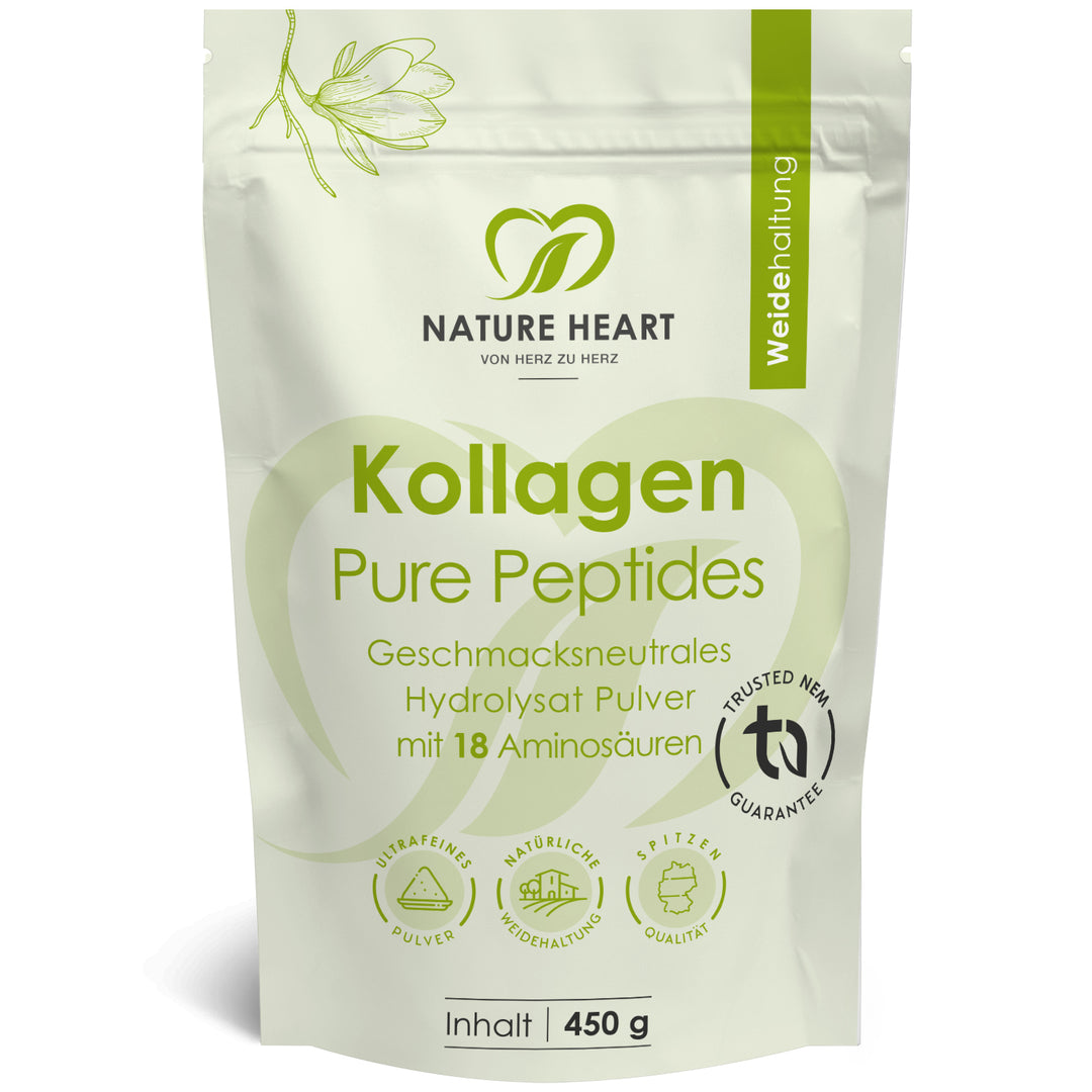 Nature Heart Kollagen Pure Peptides, geschmacksneutrales Hydrolysat Pulver mit 18 Aminosäuren im 450 g Beutel