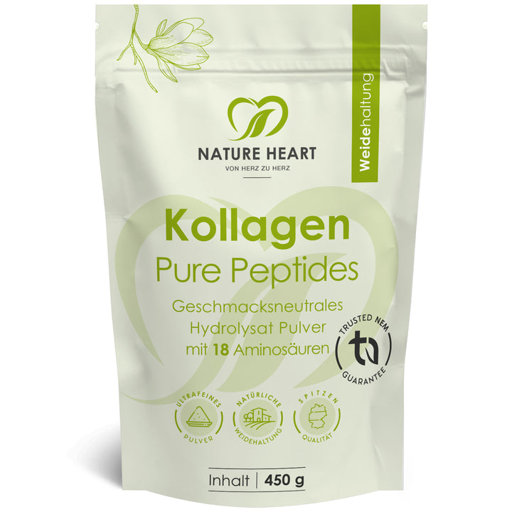 Nature Heart Kollagen Pure Peptides, geschmacksneutrales Hydrolysat Pulver mit 18 Aminosäuren im 450 g Beutel