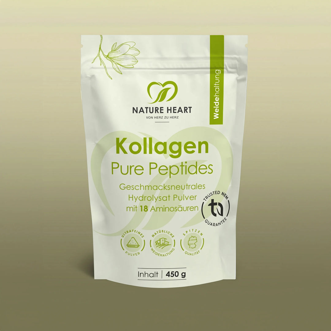Helle Standbodenbeutel-Verpackung von Nature Heart Kollagen Pure Peptides, ein geschmacksneutrales Hydrolysat-Pulver aus Weidehaltung mit 18 Aminosäuren und 450 g Inhalt.
