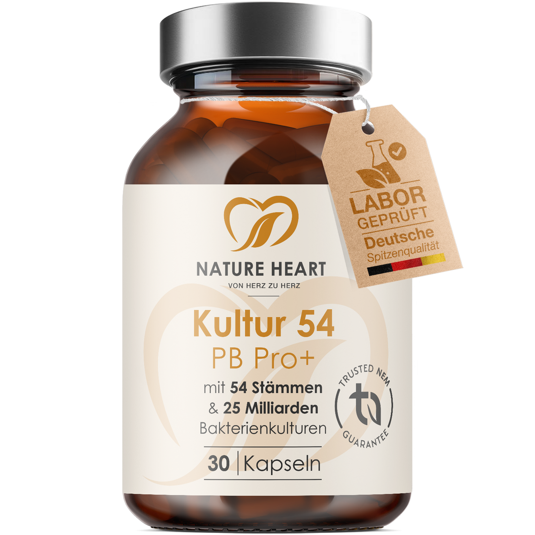 Nature Heart Kultur54 PB Pro+ mit 54 Stämmen und 25 Milliarden Bakterienkulturen, 30 Kapseln in Braunglasflasche mit Anhänger Labor geprüft
