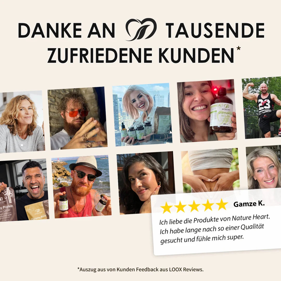 Nature Heart Danke an tausende zufriedene Kunden: Fotocollage von Kunden mit Produkten und Fünf-Sterne-Bewertung von Gamze K