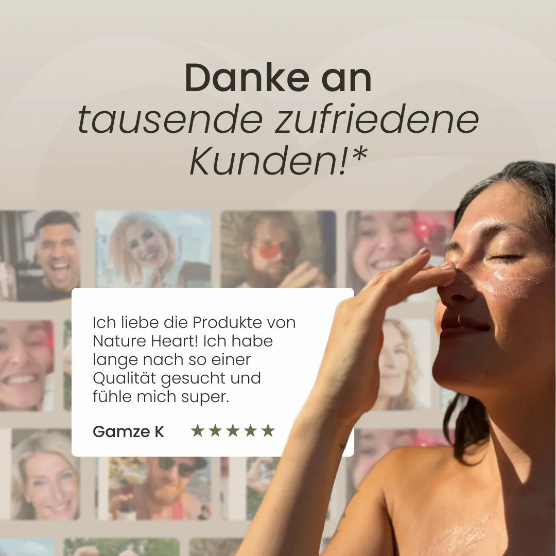 Frau trägt Tallow-Creme im Gesicht auf, daneben eine 5-Sterne-Kundenbewertung für Nature Heart
