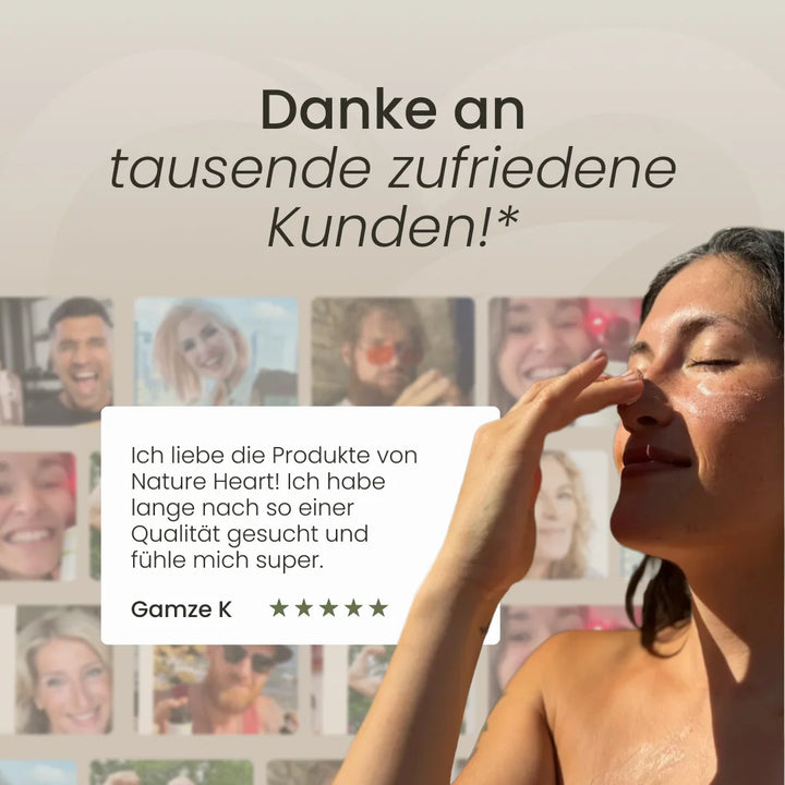 Frau trägt Tallow-Creme im Gesicht auf, daneben eine 5-Sterne-Kundenbewertung für Nature Heart