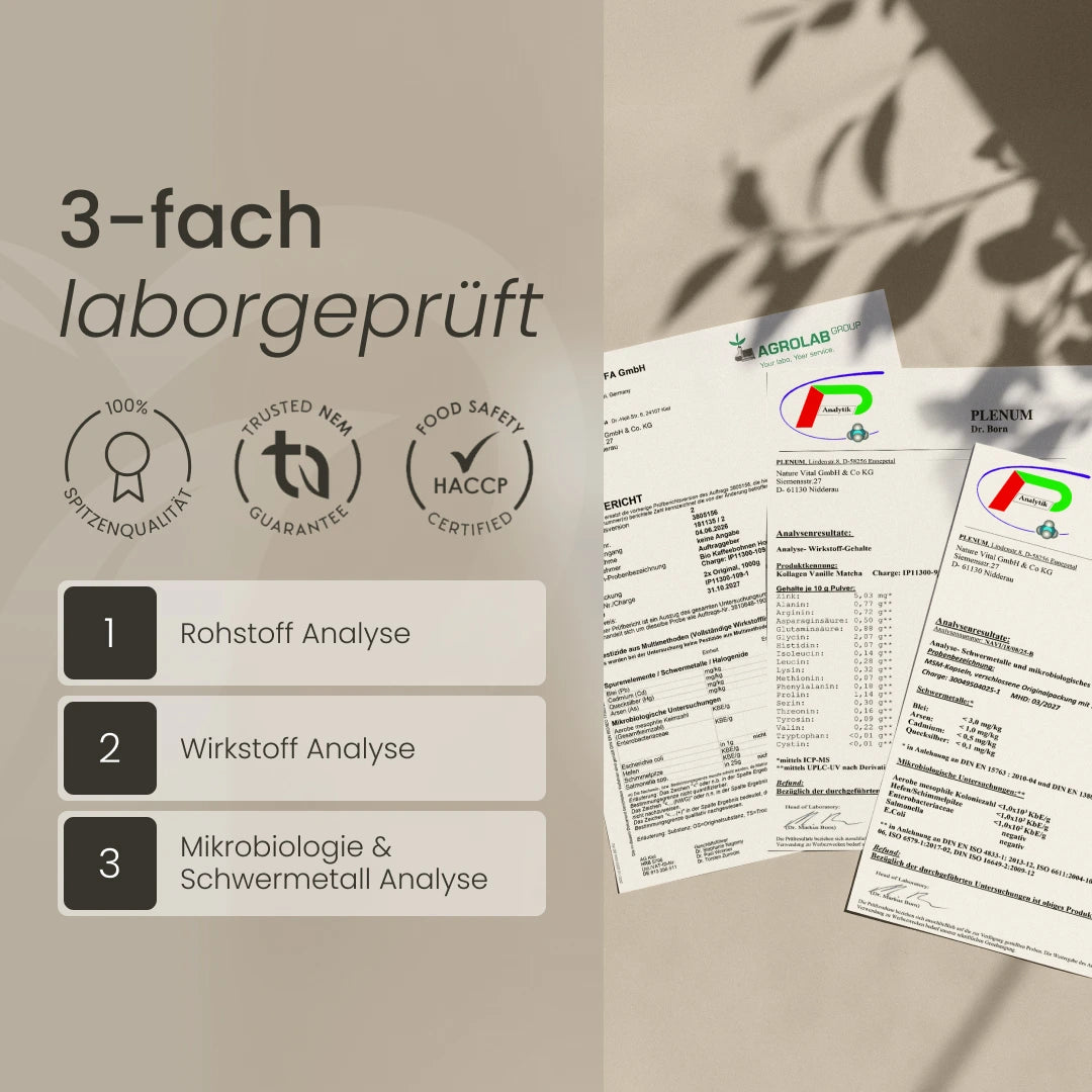 3-fach laborgeprüft: Rohstoffanalyse, Wirkstoffanalyse sowie Mikrobiologie- und Schwermetallanalyse mit Prüfberichten