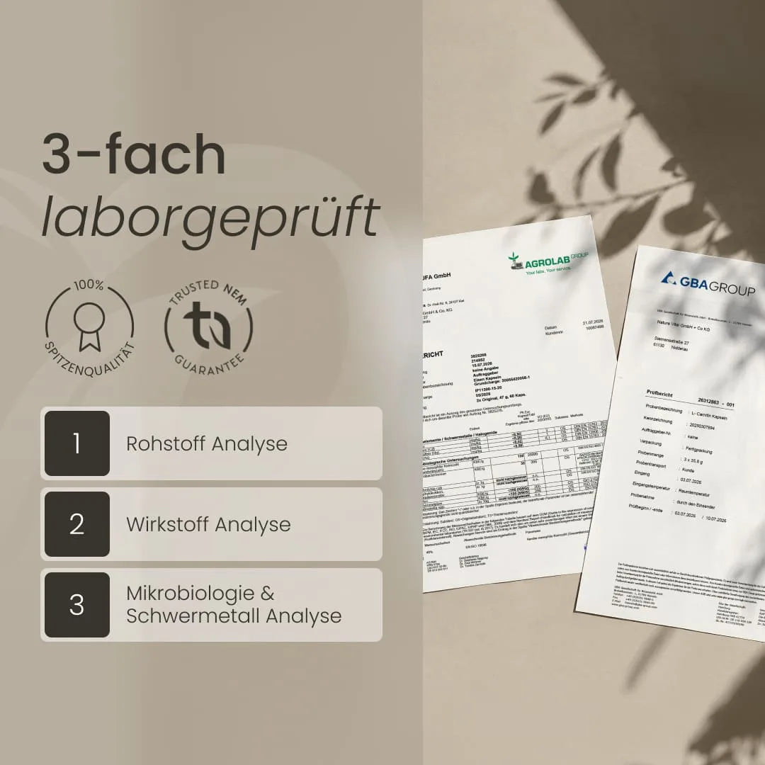 3-fach laborgeprüfte Nature Heart Tallow Hautpflege Natur: Rohstoff-, Wirkstoff- sowie Mikrobiologie- und Schwermetallanalyse, mit beispielhaften Prüfberichten
