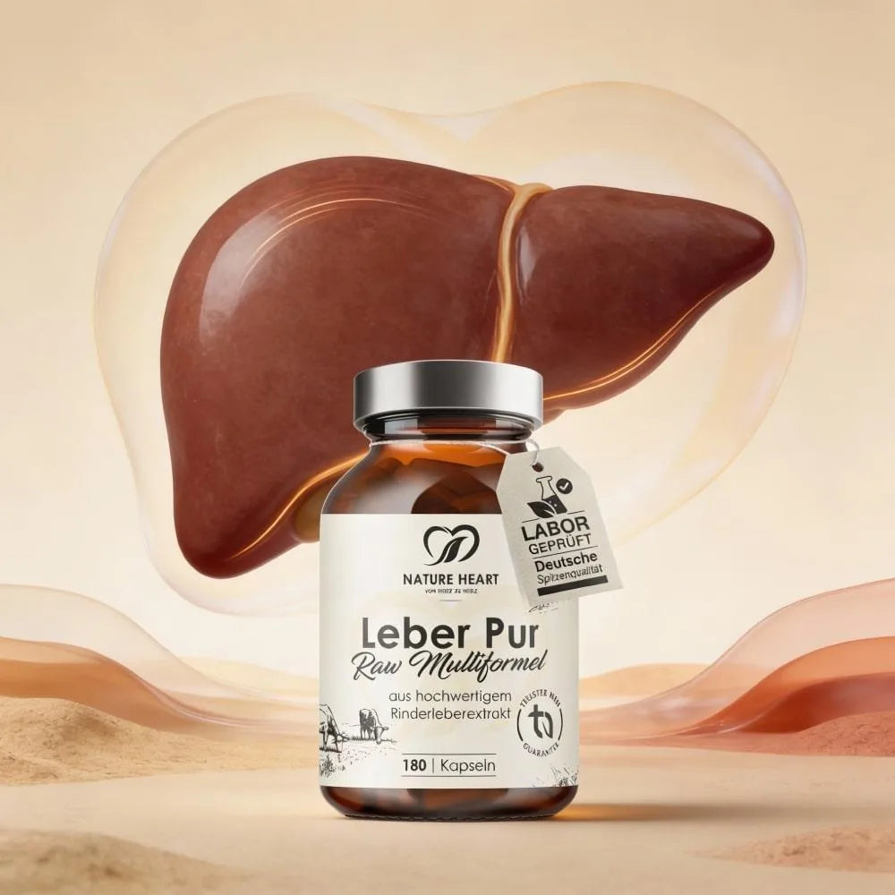 Nature Heart Leber Pur Raw Multiformel, Braunglas mit 180 Kapseln aus Rinderleberextrakt, vor einer illustrierten Leber