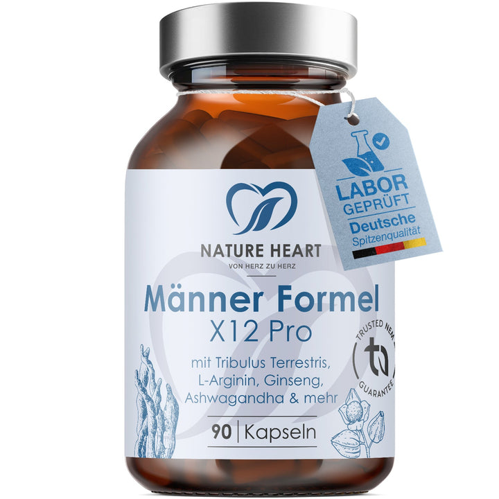 Nature Heart Männer Formel X12 Pro mit Tribulus Terrestris, L-Arginin, Ginseng und Ashwagandha, 90 Kapseln mit Anhänger Labor geprüft