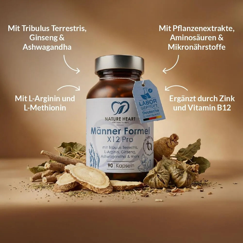 Nature Heart Männer Formel X12 Pro, 90 Kapseln: Tribulus Terrestris, Ginseng, Ashwagandha, L-Arginin, Zink, Vitamin B12