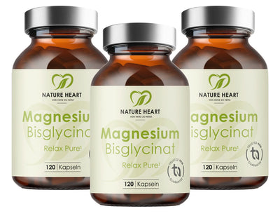 Drei Gläser Nature Heart Magnesium Bisglycinat als Essentials-Paket.