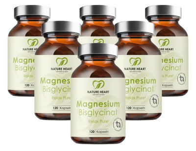 Saison-Vorrat mit sechs Gläsern Nature Heart Magnesium Bisglycinat zum Vorteilspreis.