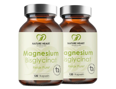Nature Heart Magnesium Bisglycinat im Starter-Paket mit zwei Gläsern.