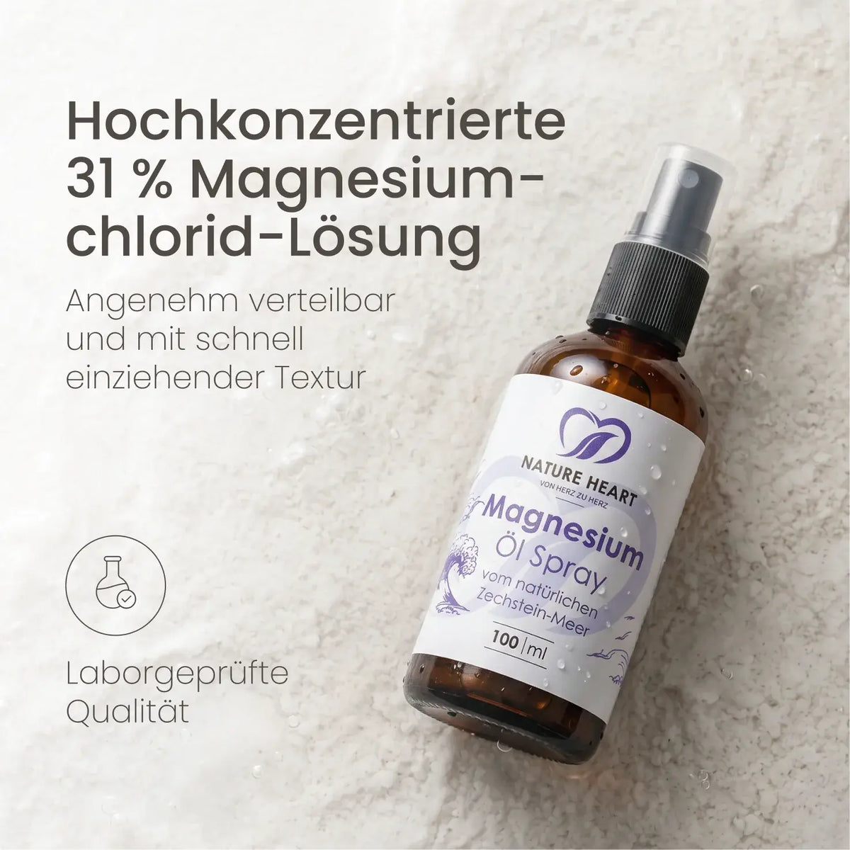 Nature Heart Magnesium Öl Spray vom Zechstein-Meer, 100-ml-Sprühflasche: 31 % Magnesiumchlorid-Lösung, laborgeprüft