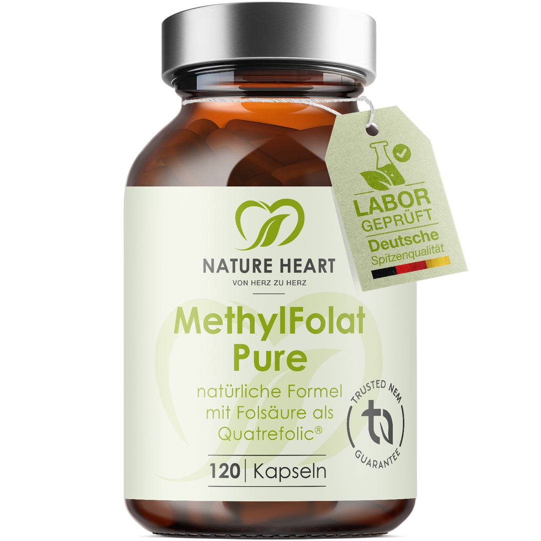 Nature Heart MethylFolat Pure mit Folsäure als Quatrefolic, 120 Kapseln in Braunglasflasche mit Anhänger Labor geprüft