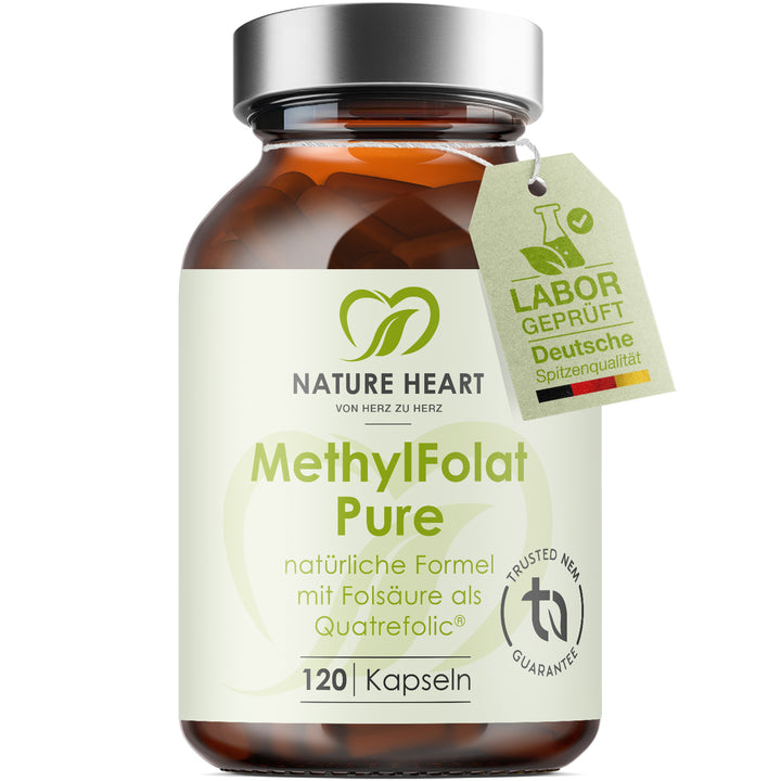 Nature Heart MethylFolat Pure mit Folsäure als Quatrefolic, 120 Kapseln in Braunglasflasche mit Anhänger Labor geprüft