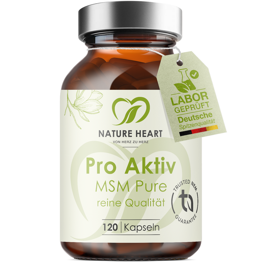Nature Heart Pro Aktiv MSM Pure, Glas mit 120 Kapseln und Anhänger Labor geprüft, freigestellt