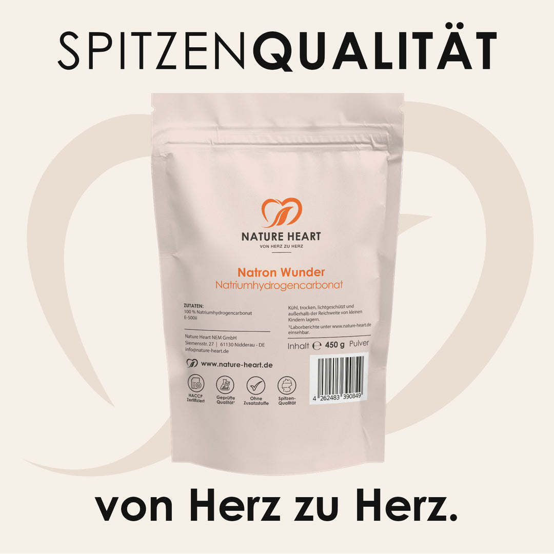 Rückseite des Nature Heart Natron Wunder 450 g Beutels mit Zutaten und Hinweisen, Schriftzug Spitzenqualität von Herz zu Herz