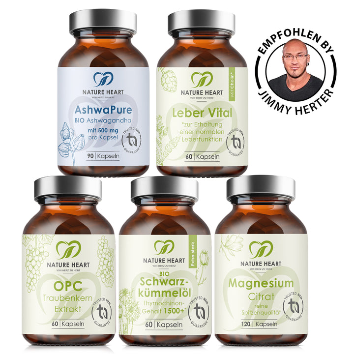 Nature Heart Performance Bundle mit AshwaPure, Leber Vital, OPC Traubenkern Extrakt, BIO Schwarzkümmelöl und Magnesium Citrat samt Empfehlungs-Badge
