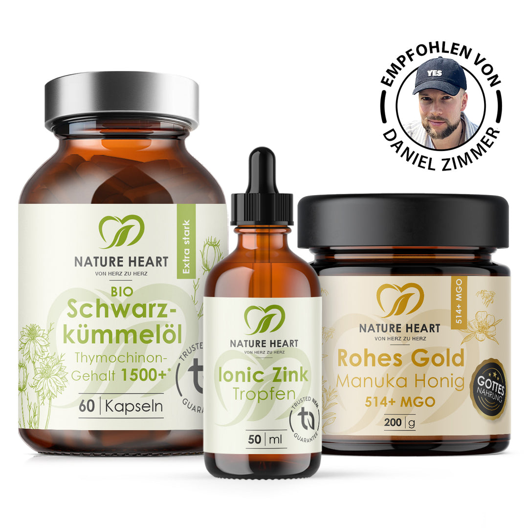 Nature Heart Pollenzeit Bundle mit BIO Schwarzkümmelöl, Ionic Zink Tropfen und Rohes Gold Manuka Honig 514+ MGO, empfohlen von Daniel Zimmer