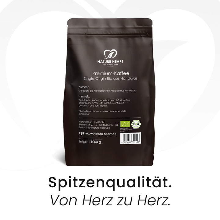 Rückseite der Nature Heart Premium Kaffee Single Origin Bio aus Honduras 1000 g Packung mit Zutaten, Hinweisen und Bio-Siegel