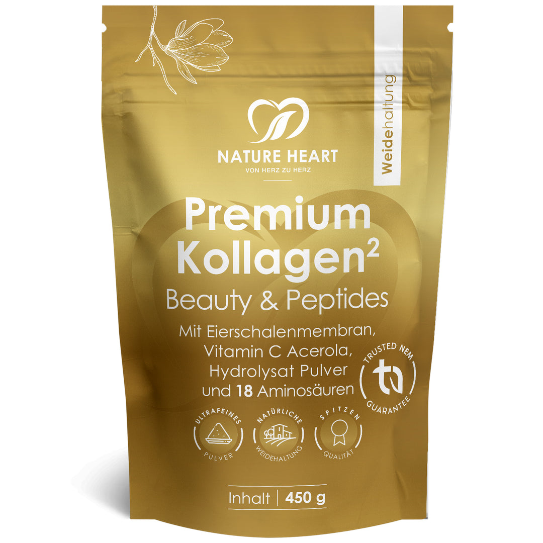 Nature Heart Premium Kollagen Beauty & Peptides 450 g Beutel mit Eierschalenmembran, Vitamin C aus Acerola und 18 Aminosäuren