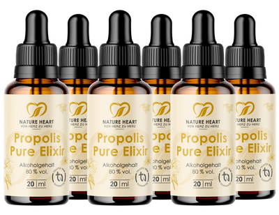 Sechs Glasflaschen mit Nature Heart Propolis Pure Elixir 20 ml, mit sichtbarem Hinweis auf 80 % Alkoholgehalt und Trusted NEM-Siegel.