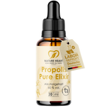 Glasbehälter mit Nature Heart Propolis Pure Elixir 20 ml auf transparentem Hintergrund, mit sichtbarem Alkoholgehalt 80 % vol. und „Labor geprüft – Deutsche Spitzenqualität“-Tag.