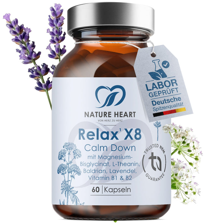 Nature Heart Relax X8 Calm Down mit Magnesiumbisglycinat, L-Theanin, Baldrian, Lavendel, Vitamin B1 und B2, 60 Kapseln mit Laboranhänger
