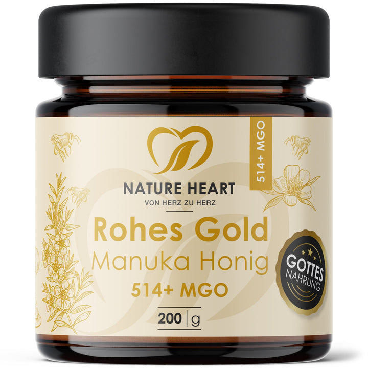 Nature Heart Rohes Gold Manuka Honig 514+ MGO, 200 g Braunglas mit Gottes-Nahrung-Siegel