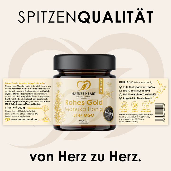 Nature Heart Rohes Gold Manuka Honig 514+ MGO 200 g mit aufgeklapptem Etikett: 100 % Manuka Honig aus Neuseeland, abgefüllt in Deutschland