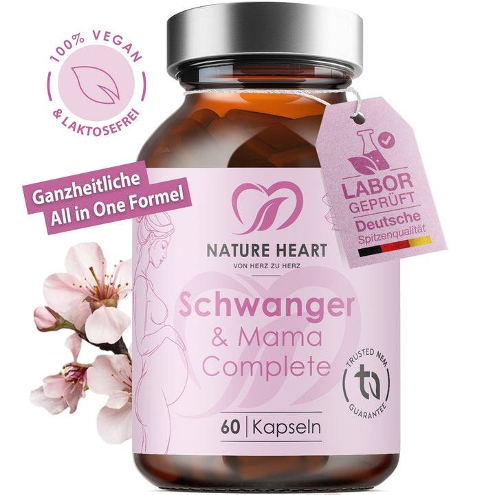 Nature Heart Schwanger & Mama Complete Glas mit 60 Kapseln, Labor-geprüft-Anhänger und Hinweis 100 % vegan und laktosefrei