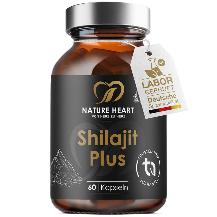 Nature Heart Shilajit Plus Glas mit 60 Kapseln und Anhänger Labor geprüft, Deutsche Spitzenqualität