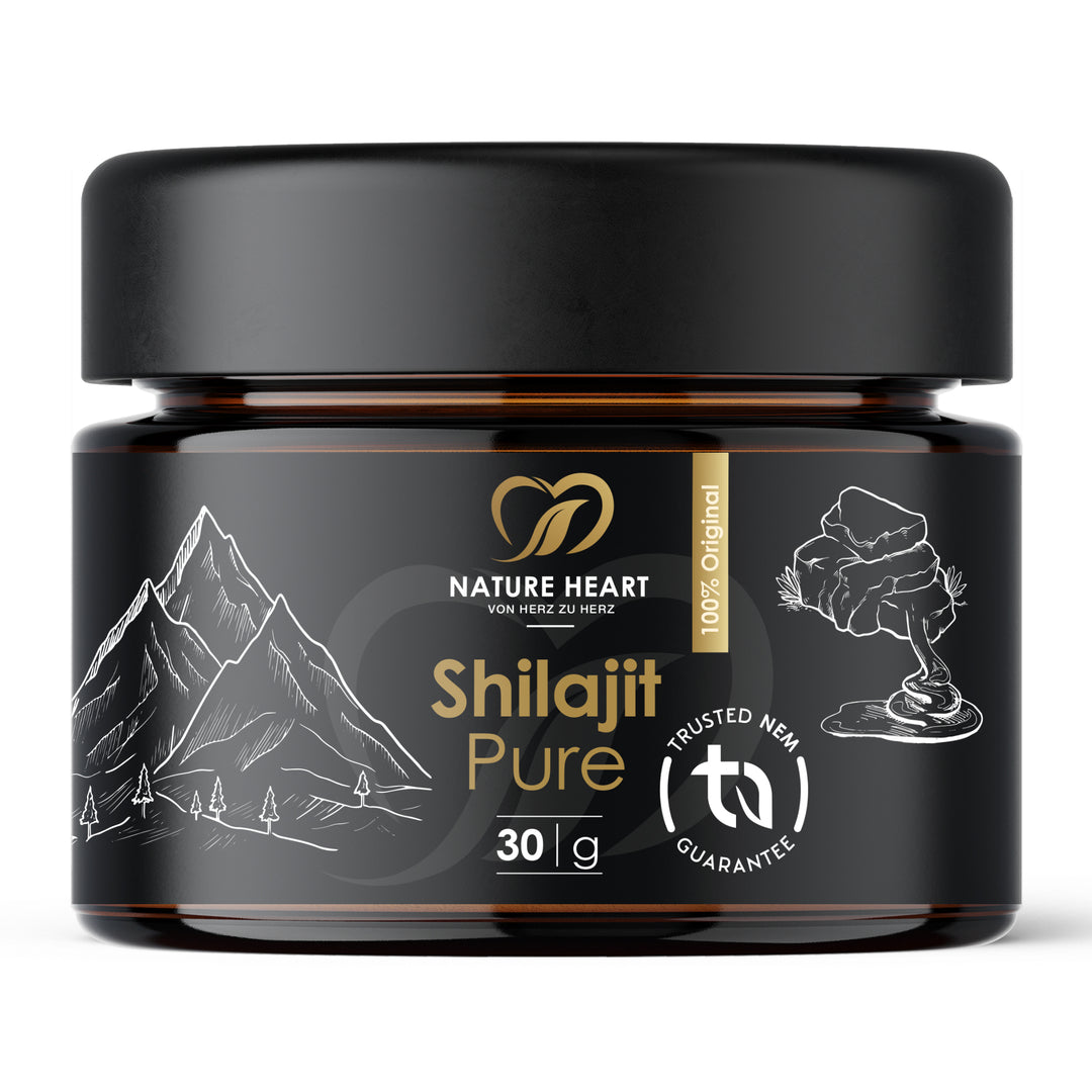 Nature Heart Shilajit Pure Harz im schwarzen Glastiegel mit 30 g und Bergmotiv auf dem Etikett