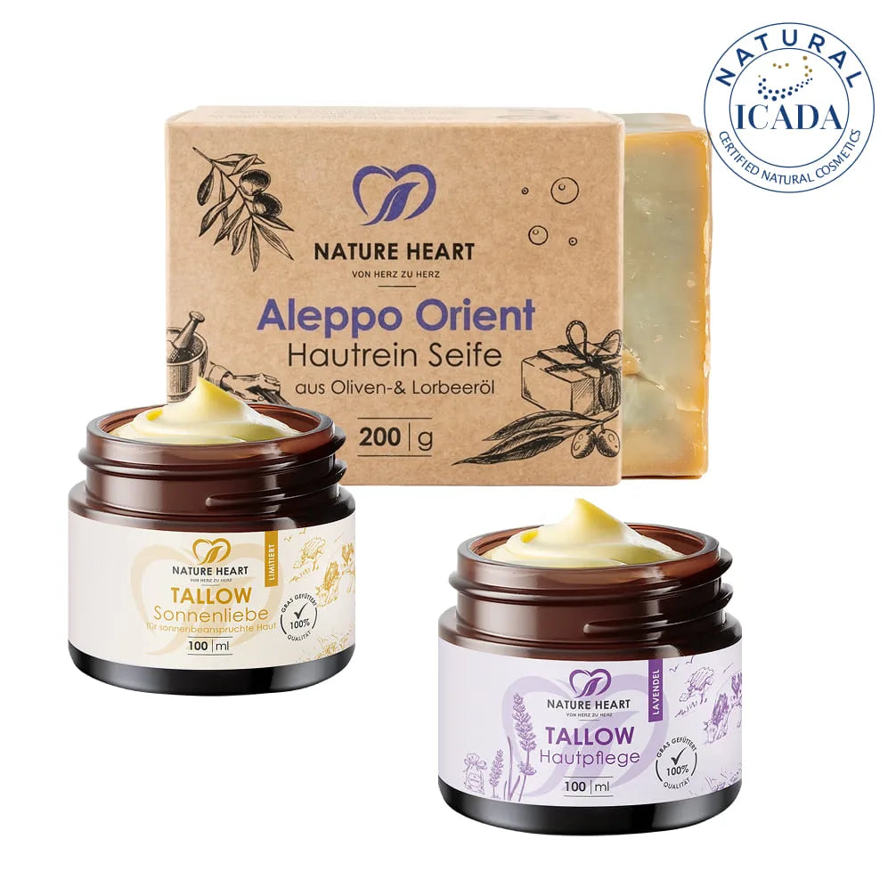 Nature Heart Skin Care Set mit Aleppo Orient Hautrein Seife (200 g), Tallow Sonnenliebe und Tallow Anti-Age Formula (je 100 ml)