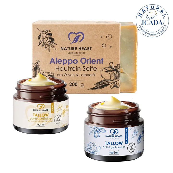 Nature Heart Skin Care Set mit Aleppo Orient Hautrein Seife (200 g), Tallow Sonnenliebe und Tallow Hautpflege Lavendel (je 100 ml)