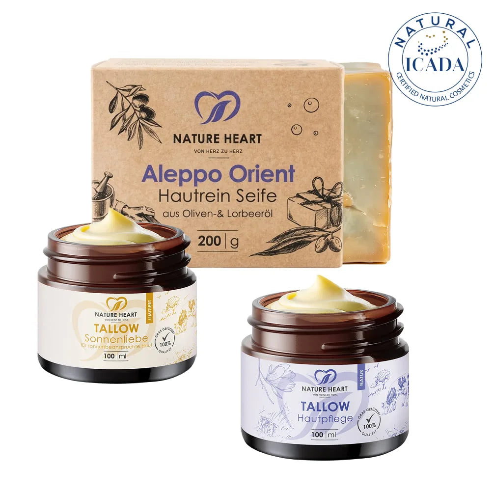 Nature Heart Skin Care Set mit Aleppo Orient Hautrein Seife (200 g), Tallow Sonnenliebe und Tallow Hautpflege Natur (je 100 ml)