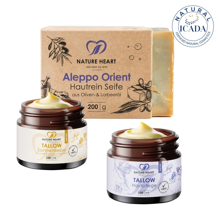 Nature Heart Skin Care Set mit Aleppo Orient Hautrein Seife (200 g), Tallow Sonnenliebe und Tallow Hautpflege Natur (je 100 ml)
