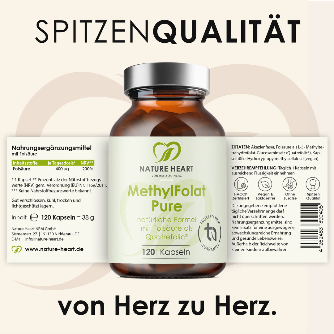 Nature Heart MethylFolat Pure Flasche mit aufgeklapptem Etikett mit Zutaten und Nährwerten, Headline Spitzenqualität von Herz zu Herz