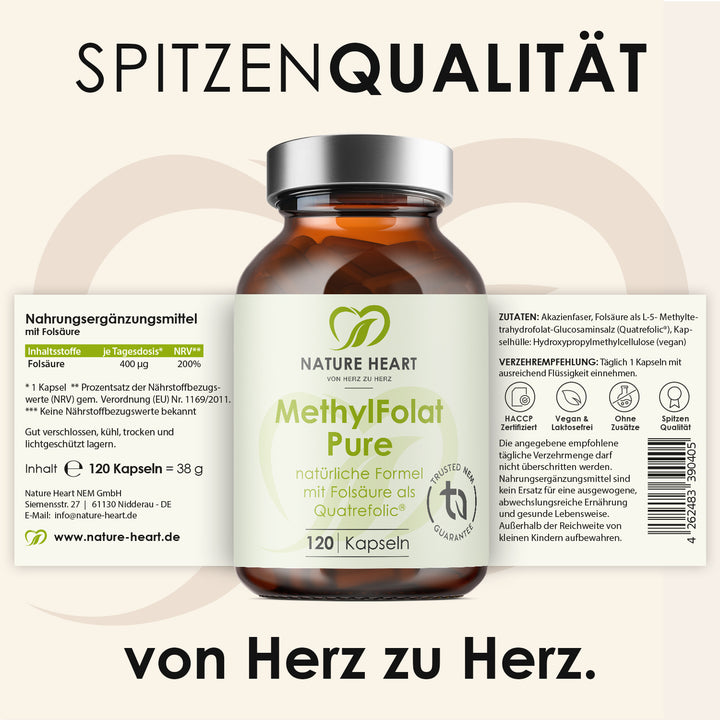 Nature Heart MethylFolat Pure Flasche mit aufgeklapptem Etikett mit Zutaten und Nährwerten, Headline Spitzenqualität von Herz zu Herz
