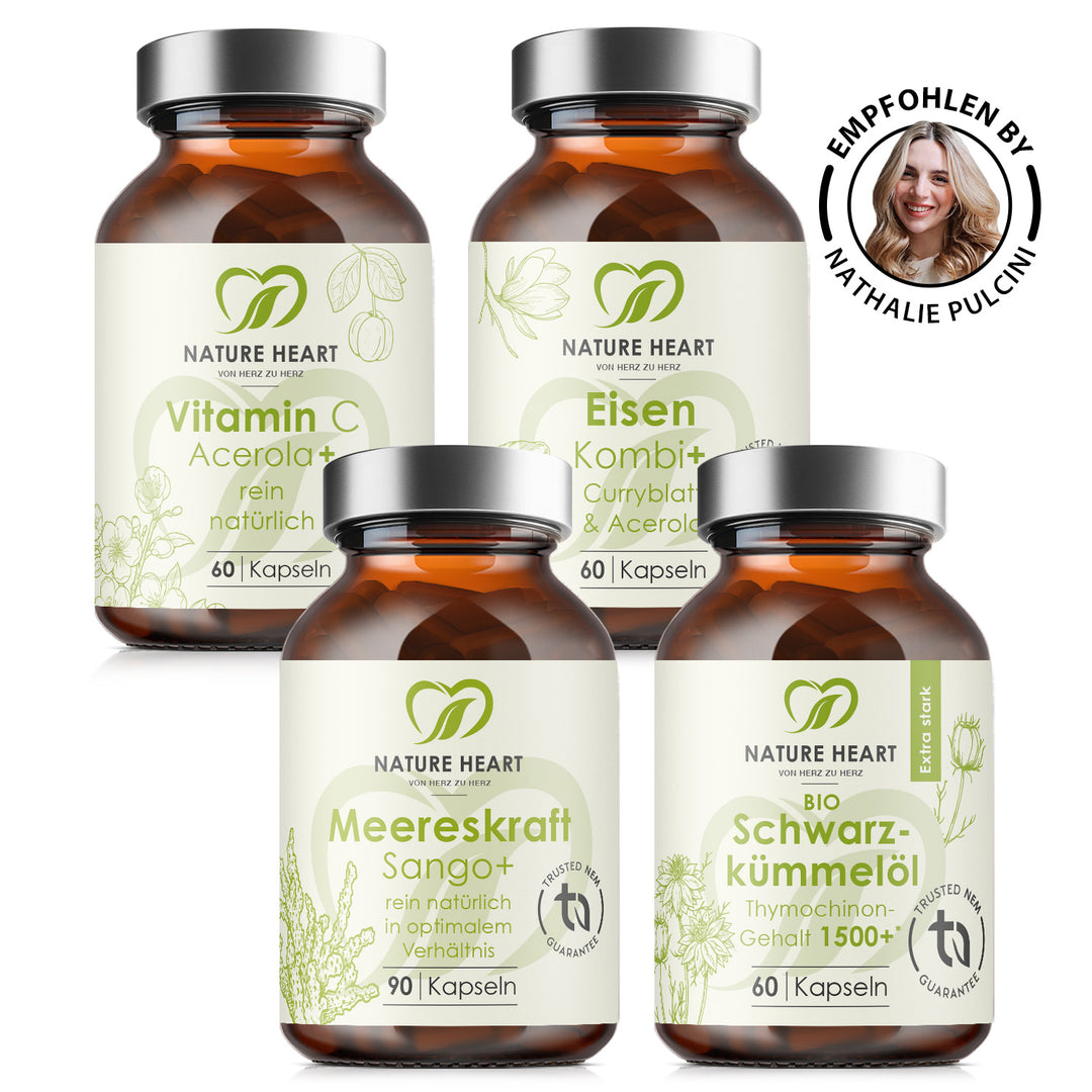 Nature Heart Stillzeit Bundle mit Vitamin C Acerola+, Eisen Kombi+, Meereskraft Sango+, BIO Schwarzkümmelöl und Siegel Empfohlen by Nathalie Pulcini